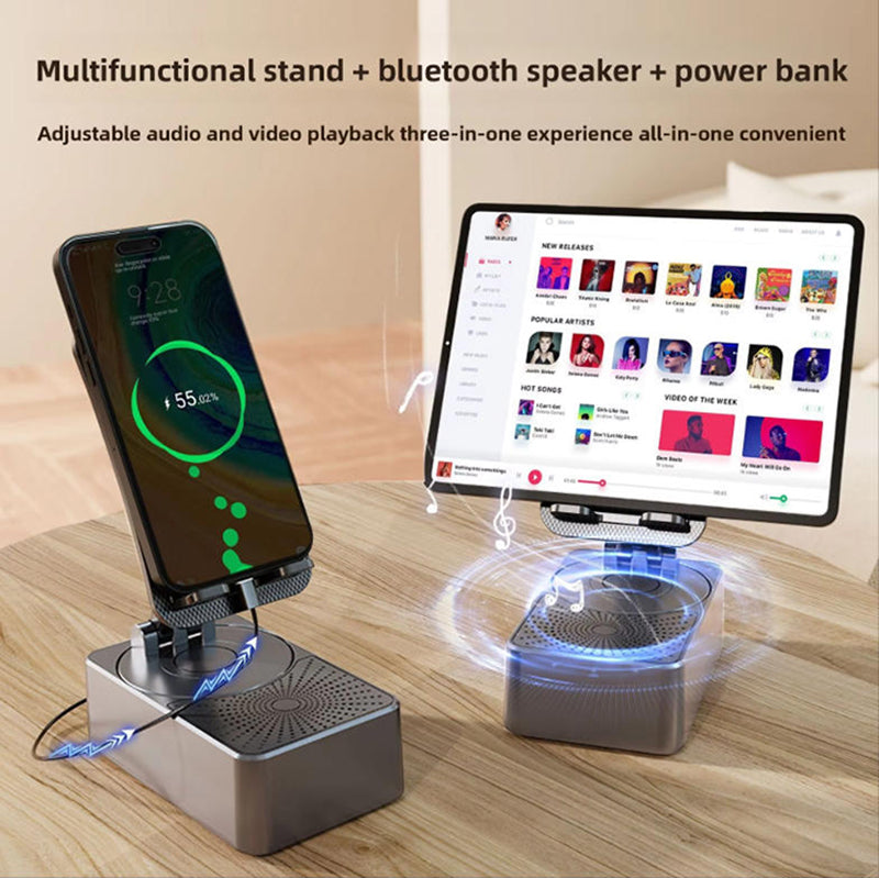 Soporte Premium 3-en-1 con Altavoz Bluetooth + Power Bank – Sonido, Carga y Comodidad en un Solo Dispositivo