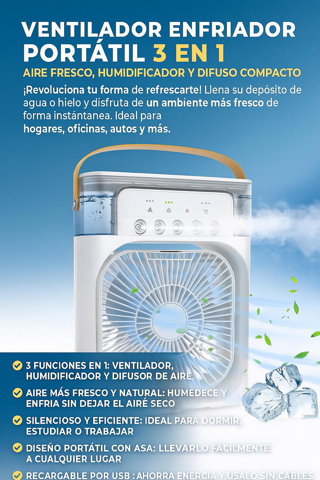 Ventilador Portátil con Humidificador Recargable – Aire Fresco en Cualquier Lugar