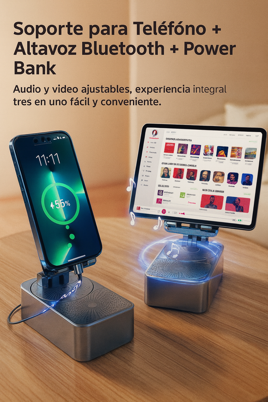 Soporte Premium 3-en-1 con Altavoz Bluetooth + Power Bank – Sonido Potente, Carga y Comodidad en un Solo Dispositivo