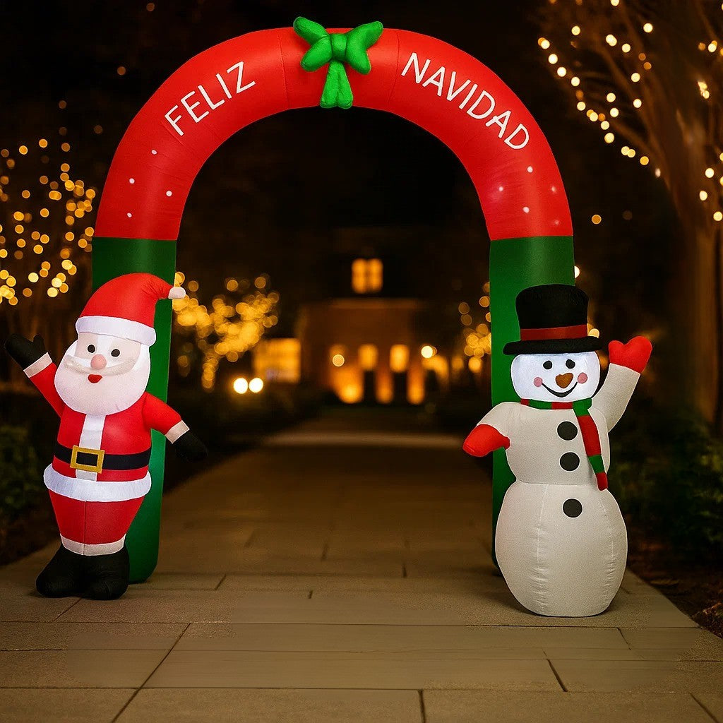Arco Inflable Navideño “Feliz Navidad XL” – Decoración Gigante con Luz Blanca y Figuras Navideñas 240 cm